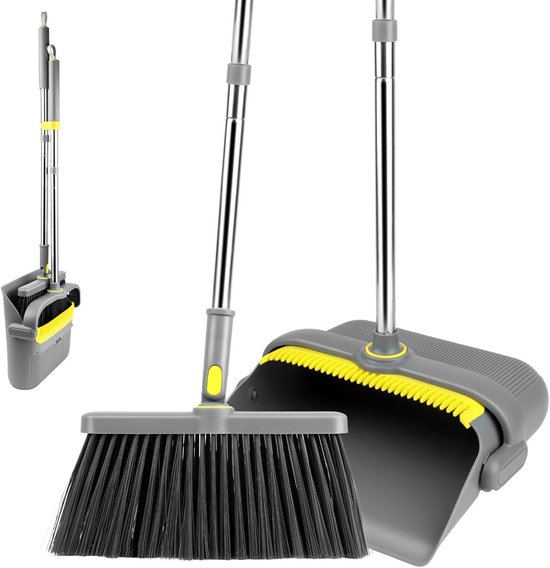 Inklapbare Veegset - Broom Dustpan - Huishoudelijk Werk - 180° Draaibare Kop - Verstelbare Steel - Grijs