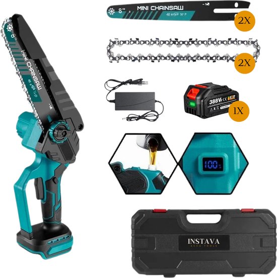 Instava Mini Kettingzaag Incl. 1x Accu (4.0Ah) - Geschikt Voor Makita 18v Accu - Incl. Opbergkoffer en Accessoires - Elektrische Takkenzaag - Snoeizaag - Houtzaag - Handkettingzaag - Boomzaag - Zaagmachine - Heggenschaar van Instava