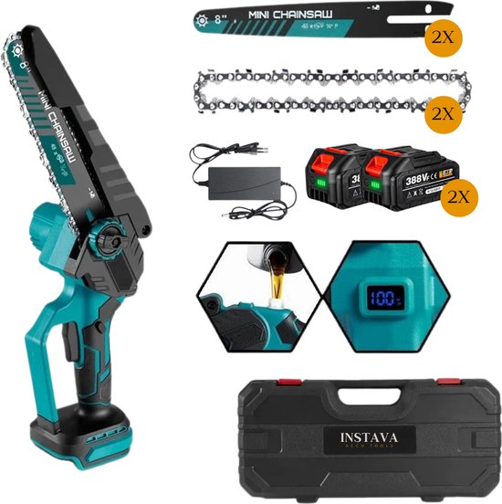 Instava Mini Kettingzaag Incl. 2x Accu - Geschikt Voor Makita 18v Accu - Incl. Opbergkoffer en Accessoires - Elektrische Takkenzaag - Snoeizaag - Houtzaag - Handkettingzaag - Boomzaag - Zaagmachine - Heggenschaar van Instava