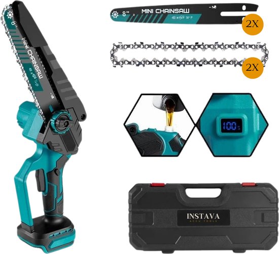 Instava Mini Kettingzaag zonder Accu - Geschikt Voor Makita 18v Accu - Incl. Opbergkoffer en Accessoires - Zaagblad 20cm - Elektrische Takkenzaag - Snoeizaag - Houtzaag - Handkettingzaag - Boomzaag - Zaagmachine - Heggenschaar van Instava