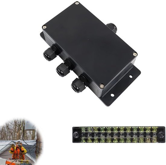 IP66-waterdichte aansluitdoos, 4-weg buiten verdeeldoos, zwart klemframe, behuizing met montagegaten, met 4 kabelwartels, voor kabelgeleiding, elektrotechnische installatie