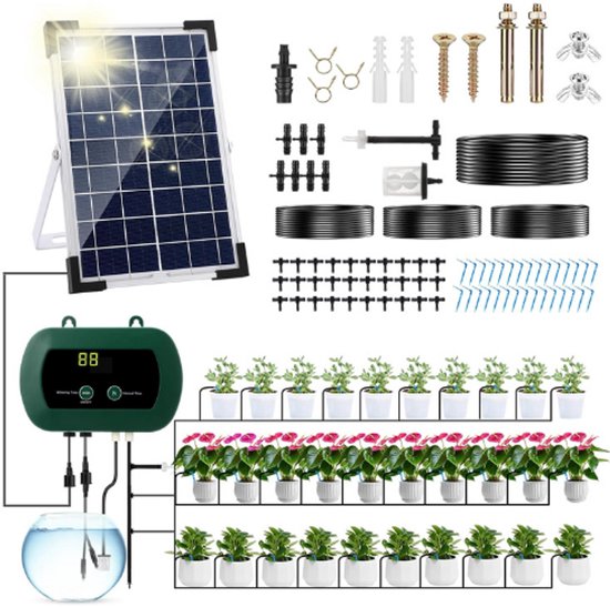 Irrigatiesysteem Op Zonne-Energie - Automatische Doe-Het-Zelf Tuinbewatering Set - Met 30 Druppelaars En 10 Timermodi - Slim Watergeefsysteem Voor Potplanten Tuin En Balkon - Energiezuinig En Eenvoudig Te Installeren van Merkloos	