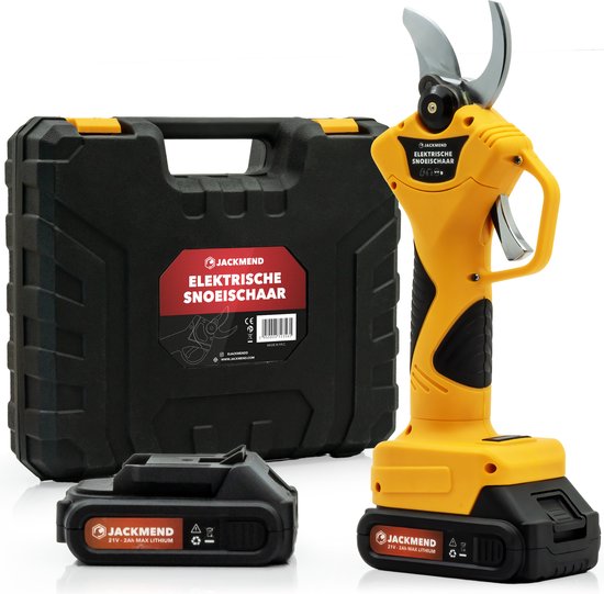 JACKMEND Elektrische Snoeischaar Incl. Opbergkoffer en 2 Accu’s - 35mm Snijdiameter - Professioneel Heggenschaar op Batterij - Draadloos Elektrisch Takkenschaar - Tuin Snoei Schaar voor Knippen & Snoeien van Heggen & Takken - Tuinschaar van JACKMEND