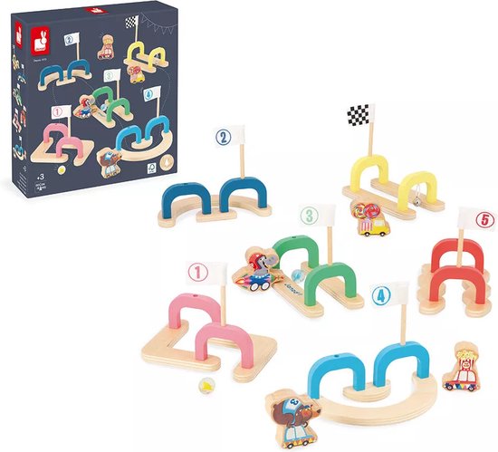 Janod Applepop - Knikkerspel - Knikkerparcours Ontworpen Voor Kinderen - Bevat 6 Gekleurde En Genummerde Parcours, 2 Knikkers En 4 Houten Stukken - Voor 1 Tot 4 Spelers - Geschikt Vanaf 3 Jaar van Janod