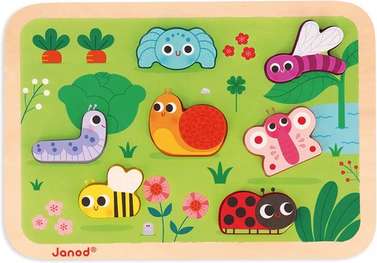 Janod Chunky Puzzel - De Tuin - 7 Dieren Puzzelstukjes In 3D Met Een Dikte Van 1,5 Cm - Geschikt Vanaf 18 Maanden van Janod