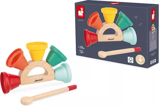 Janod Gioia - Belletjes - 5 Metalen Bellen Die Bevestigd Zijn Aan Een Houten Handvat - Elke Bel Produceert Een Ander Geluid - Geschikt Vanaf 18 Maanden van Janod