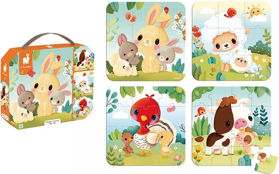 Janod - Puzzel - 4 Boerderij Puzzels - 6, 9, 12 En 16 Stukjes - Geschikt Vanaf 2 Jaar van Janod