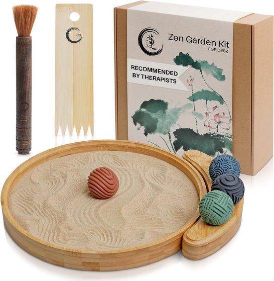 Japanse Zen Tuingereedschap en accessoires voor bureau - 30,5 cm grote ronde bamboe lade, 4 stempelbollen, natuurlijk zand, hark - mini zen decoratiegeschenken