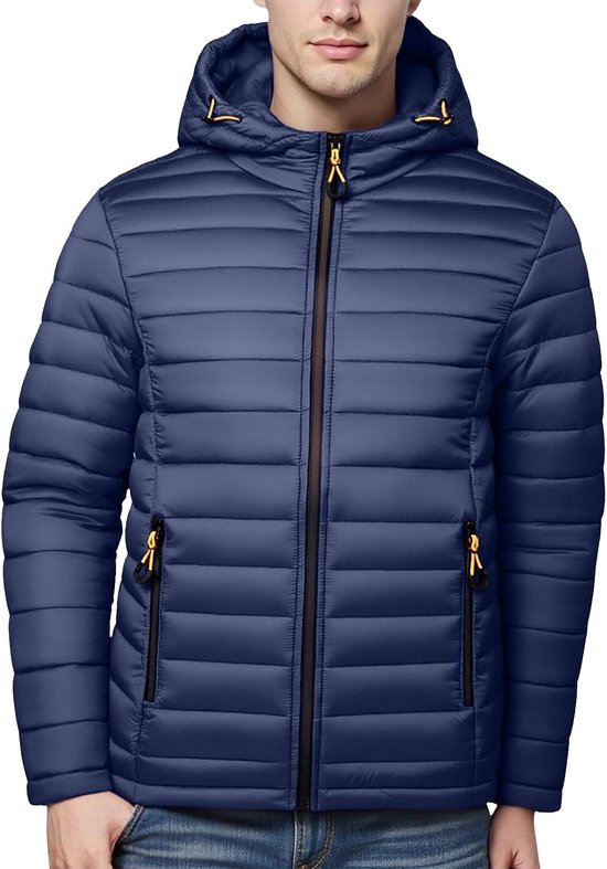 Jas voor heren, gewatteerde, winddichte jas met capuchon, lichte donsjas, dikke thermische dons, ritssluiting, winterjas met afneembare outdoor overgangstop voor dagelijks gebruik