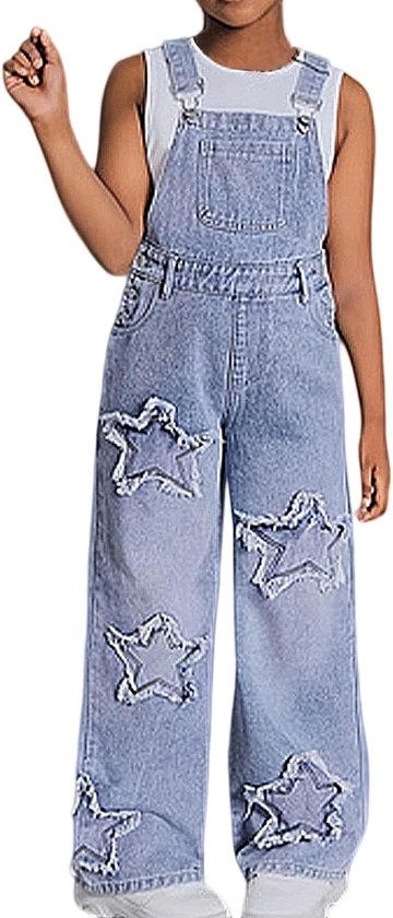 Jeans tuinbroek voor meisjes met ster, casual jumpsuit met brede pijpen voor tieners, comfortabele outfit voor zomer en herfst