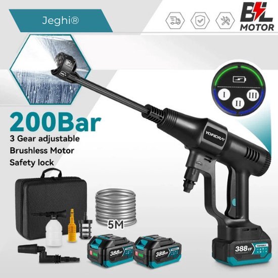 Jeghi® Accu Hogedrukreiniger 6 in 1 - Hoge drukspuit - Cleaner - Tuinslang - Auto Cleaner - 2x Accu 18V - max. 200 bar - 3 standen - incl. 5m waterslang van Merkloos	