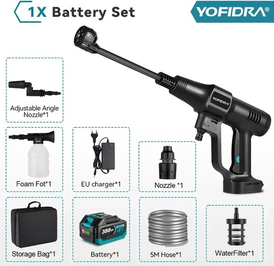 Jeghi® Accu Hogedrukreiniger 6 in 1 - Hoge drukspuit - Cleaner - Tuinslang - Auto Cleaner - incl. Accu 18V - max. 200 bar - 3 standen - incl. 5m waterslang van Jeghi®