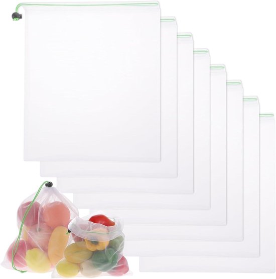 JGS Premium - Nettas fruitnet - 8 stuks - trekkoord - doorzichtige productie-mesh zakken - levensmiddelen - groenten - fruit - huishouden van Merkloos	