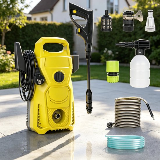 JHUBERS - Dailygoods 1500W Elektrische Hogedrukreiniger, 135 Bar Piepdruk, Draagbare Reiniger, 560L/u Debiet, 10M Slang, 3-in-1 Ve