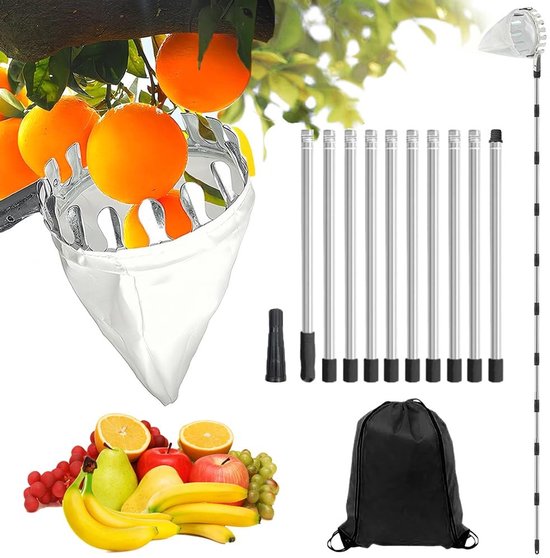 JHUBERS- Fruitplukker 4 m - Verstelbare Splitverlenging - Kersenplukker - Appelplukker - 10 Verlengstangen - Inclusief Opbergtas - Oogstgereedschap