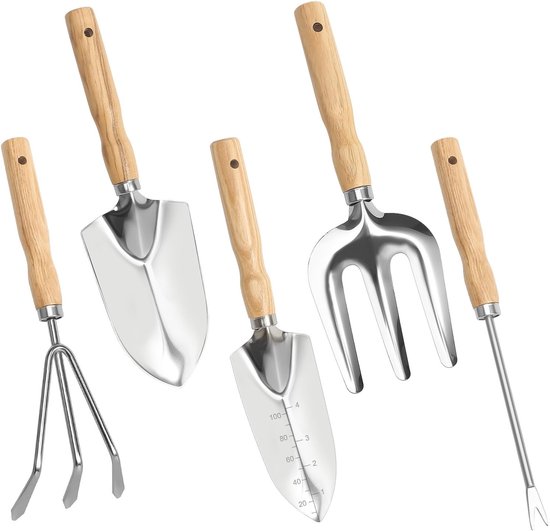JHUBERS- Tuingereedschapset 5 Stuks - Roestvrij Stalen Tuinschop - Ergonomische Handgreep - Duurzaam Tuingereedschap - Handgereedschap - Ideaal voor Kleine Tuinen - Tuinschep