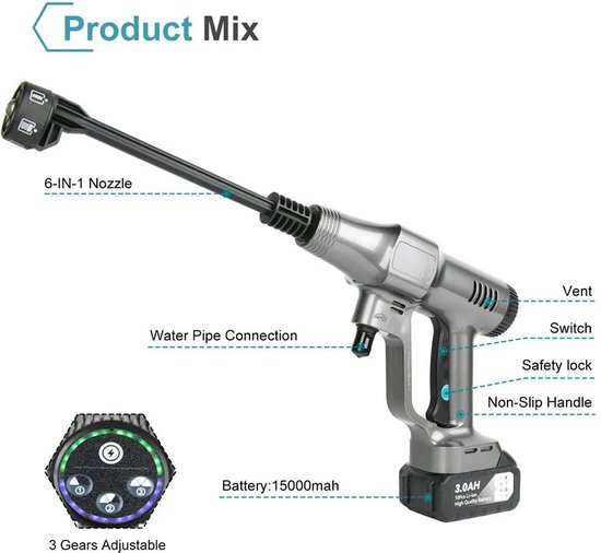 Jurrys Hogedrukreiniger - Draadloos - 3500W - 200 Bar - Makita 18V batterij - Borstel loos - Schuimgenerator - Reinigingsmachine van Jurrys