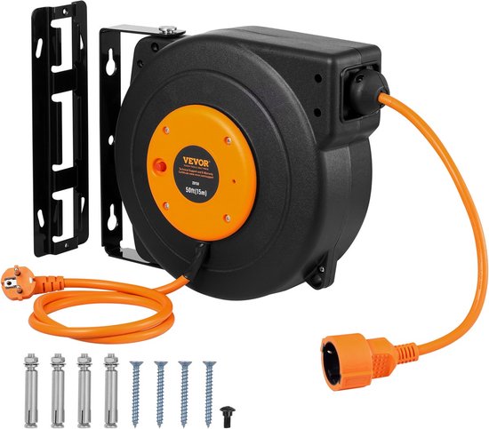 Kabelhaspel - Wandmontage Verlengkabel - 15m - 1000W - Spanning AC 220V - Max. Temperatuurschakelaar 56℃ - Automatische Uitbreiding - Montagemogelijkheden Muur of Plafond van Merkloos	