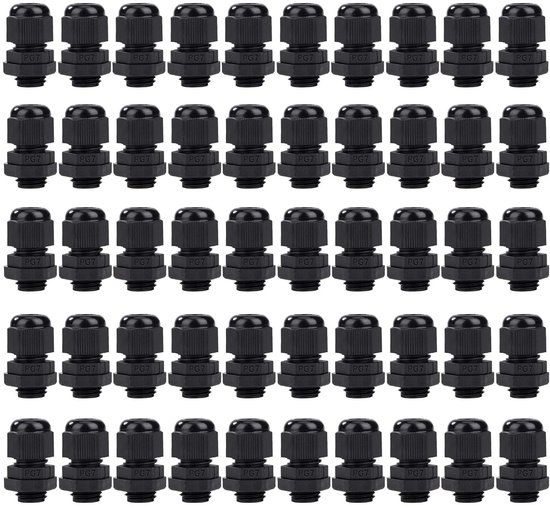 Kabelwartelset, kunststof kabelschroefverbindingen, verstelbare PG7, waterdichte sluiting, schroefverbinding voor Ø 3,5 mm - 6,5 mm, zwart, 50 stuks van Merkloos	