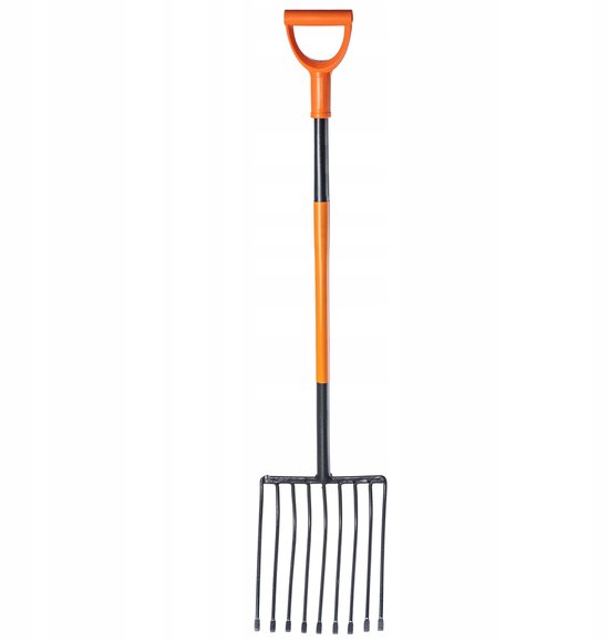 KADAX Aardappelvork met lange steel, steenvork van robuust staal, vork met D-greep, spatvork, hooivork, kaapvork, hooikvork, tuinvork (9 tanden, zwart/oranje) van Merkloos	