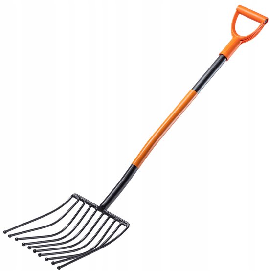 KADAX Aardappelvork met lange steel, steenvork van robuust staal, vork met D-greep, spatvork, hooivork, mestvork, rawvork, tuinvork (10 tanden, zwart/oranje) van KADAX