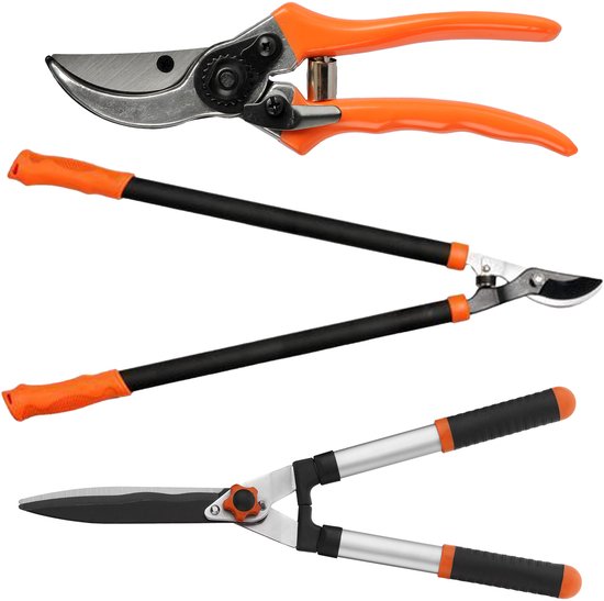 KADAX Bypassschaar, takkenschaar en heggenschaar met antislip handgrepen, snoeischaar met anti-aanbaklaag, tuingereedschap van staal (oranje, set 3) van Merkloos	