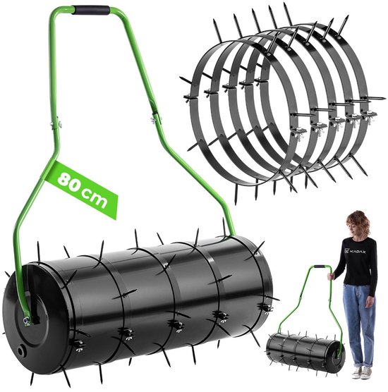 KADAX gazonbeluchter 80 cm, kan worden gevuld met water of zand, gazonroller met 6 cm nagels, stalen gazonbeluchter, tuinroller voor effectieve gazonbeluchting