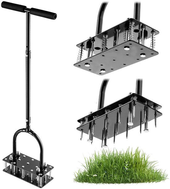 KADAX gazonbeluchter met 15 pinnen, gazonbeluchter van gepoedercoat ijzer, beluchter voor gazons, gazonbeluchter met T-handgreep voor effectieve gazonbeluchting van Merkloos	