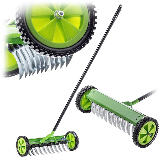 KADAX Gazonbeluchter met wielen, tuinkrabber voor gazon, tuin en mos, metalen hark, handmatige verticuteerder, tuinaccessoires, gazonbeluchter, cultivator (met steel) van KADAX