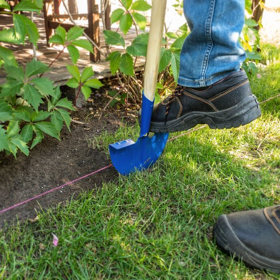 KADAX Gazonkantsteker van staal, randsteker met T-greep voor graskleur, effectief mes voor gras, gazonrandsnijder met lange steel van hout (halve maan, blauw) van KADAX