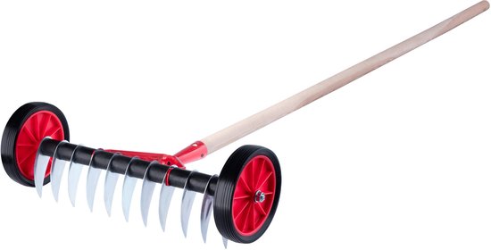 KADAX Gazonventilator met wielen, tuinklauw voor gazon, tuin, mos, snijhark van metaal, handmatige verticuteermachine, tuingereedschap, gazonbeluchter, cultivator (met steel) van Merkloos	