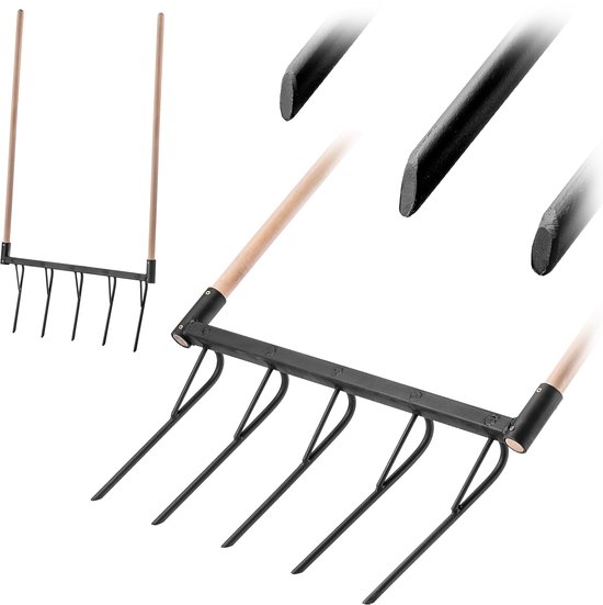 KADAX Grafvork met 5 tanden en lange houten stelen, robuuste handcultivator voor het losmaken van de grond en tuinbewerking, dubbele gramvork (met steel) van Merkloos	