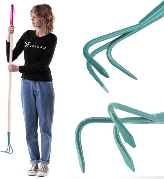 KADAX Grubber, cultivator voor dames, tuingereedschap van staal, tuinhaak met lange steel, handrubber, ergonomische bloemenklauw voor het losmaken van de vloer, bloemenhark (3 tanden, met houten steel) van Merkloos	