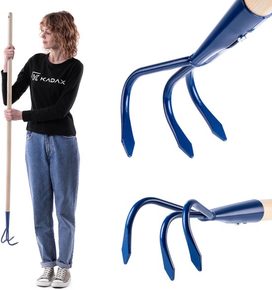 KADAX Handcultivator van metaal, cultivator met lange steel van hout, robuuste cultivator, tuinklauw, tuinhak voor het losmaken van de grond (3 tanden) van Merkloos	