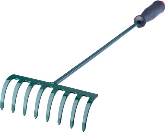 KADAX Hark, kleine hark met steel, bladbezem van metaal, bladhark voor tuin, bloembed, gazonhark, tuingereedschap, hooikoork, tuinhark, groen (60 cm, 8 tanden) van Merkloos	