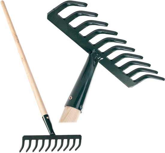 KADAX Hark van metaal, platte hark met steel van hout, bladbezem voor tuin, bloembed, bladbreken, gazonhark, groen, tuingereedschap, hooikoork, tuingereedschap, hark (10 tanden V2) van Merkloos	
