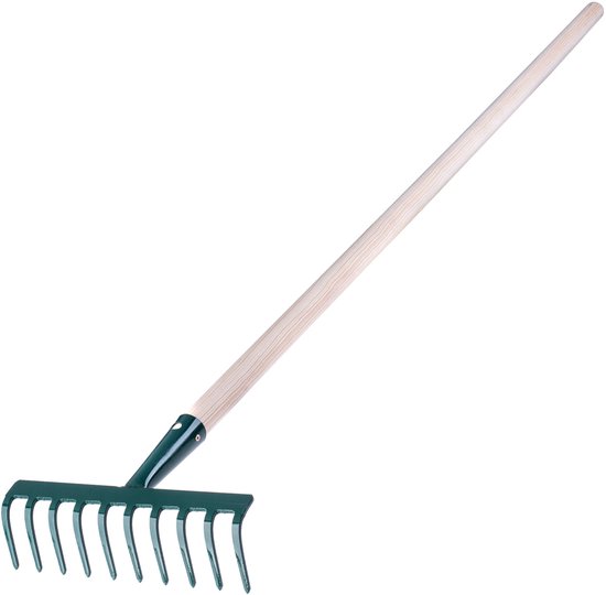 KADAX Hark van metaal, platte hark met steel van hout, bladbezem voor tuin, bloembed, bladbreken, gazonhark, groen, tuingereedschap, hooikoork, tuingereedschap, hark (10 tanden)