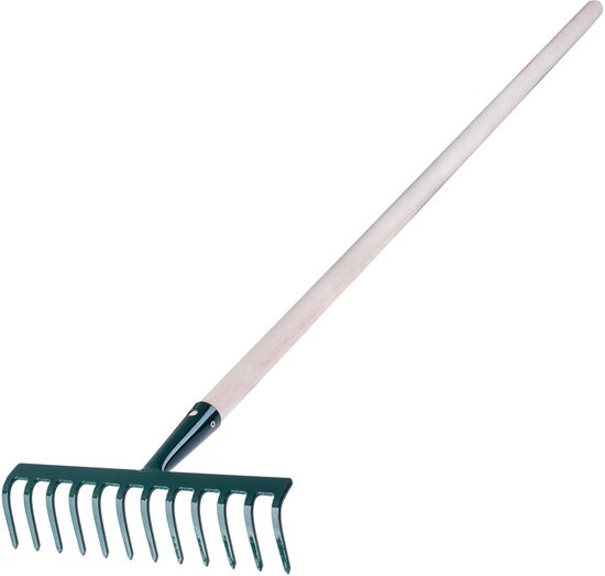 KADAX Hark van metaal, platte hark met steel van hout, bladbezem voor tuin, bloembed, bladbreken, gazonhark, groen, tuingereedschap, hooikoork, tuingereedschap, hark (12 tanden) van Merkloos	