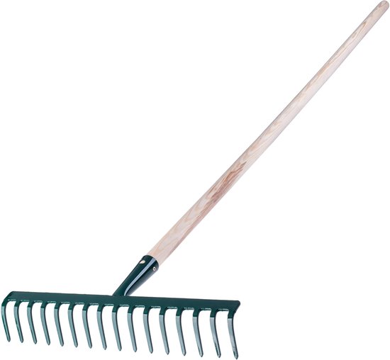KADAX Hark van metaal, platte hark met steel van hout, bladbezem voor tuin, bloembed, bladbreken, gazonhark, groen, tuingereedschap, hooikoork, tuingereedschap, hark (16 tanden) van Merkloos	
