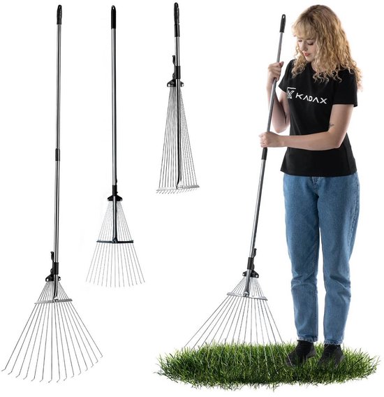 KADAX Hark voor bladeren en gras, verstelbare draadhark, hark met brede kop, grashark van metaal, bladhark met lange steel, tuinhark, bladhark, hark (15 tanden) van Merkloos	