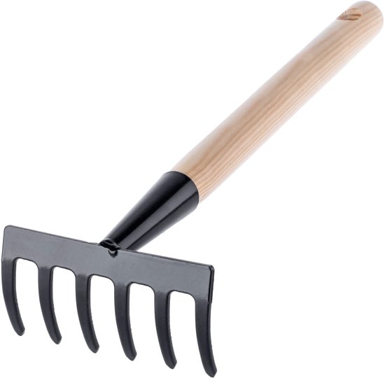 KADAX Kleine hark van metaal, hark met steel van hout, bladhark, bladhark, gazonhark voor tuin, hark, handhark, kleine waaierbezem (6 tanden, zwart, zwart) van KADAX