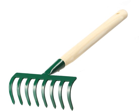 KADAX kleine metalen hark, hark gemaakt van hout, lommerrijke bezems, lekken, gazonhark voor tuin, tuin hicke, handhark, kleine ventilatorbroom (8 tanden, kort, hout, metaal) van Merkloos	