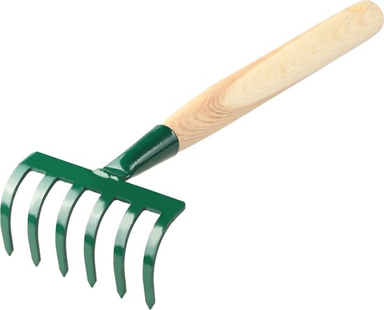 KADAX kleine metalen hark, hark gemaakt van hout, lommerrijke bezems, loudbreak, gazonhark voor tuin, tuin hicke, handhark, kleine ventilatorbroom (groen 6 tanden) van Merkloos	