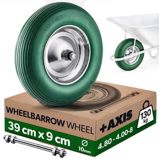 KADAX kruiwagenwiel 395 x 95 mm met as, staal velg en kunststof band, reservewiel 4.80/4.00-8 voor kruiwagens, kruiwagenwiel met asgat van 20 mm van Merkloos	
