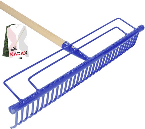 KADAX Metalen hark, lange spanhark, brede hark met versterkte kop, tuinhark met lange steel van hout, robuust tuingereedschap, gazonhark (32 tanden, zwart) van KADAX