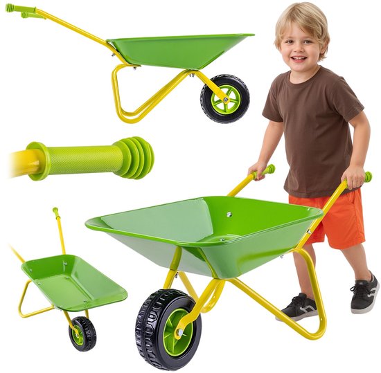 KADAX metalen kinderkruiwagen, tuinkruiwagen voor kinderen, tuingereedschap, kleine kruiwagen om mee te spelen en te helpen in de tuin, tuinspeelgoed (geel/groen) van Merkloos	