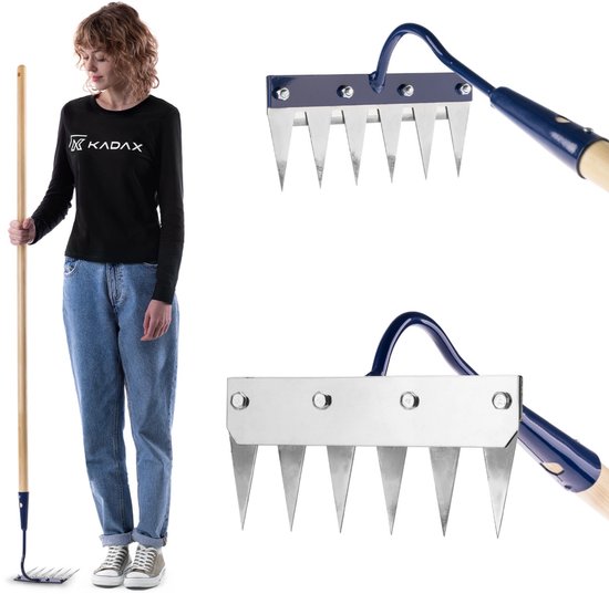 KADAX onkruid hark met 6 scherpe metalen tanden en een lange steel, 20 x 148 cm onkruidschoffel met metalen blad, tuinschoffel voor het verwijderen van onkruid en het losmaken van de grond in bloembedden, tuinhark