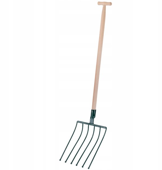 KADAX Raaienvork, vork met houten steel, spatvork met 6 tanden, hooivork, grafvork, aardappelvork, mestvork van staal, vork voor bieten, tuin, aardappelvork, tuinvork (T-greep)