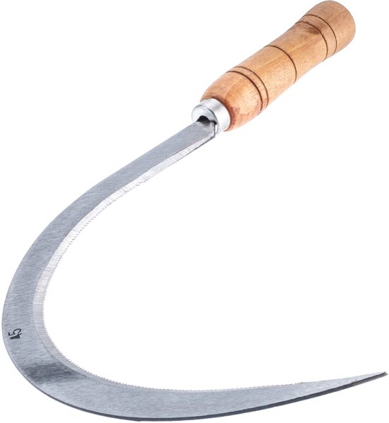 KADAX Sikkeltje met lang lemmet van metaal, ronde sikkel met houten handgreep, handgreep, handgreep, bladomhulsel, tuinsikje, snijbescherming, zeisensikkel (rond, zilver) van Merkloos	