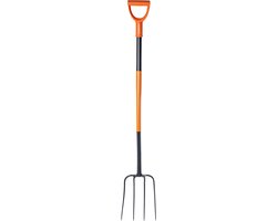 KADAX Spatvork van staal, 132 cm lange vork, hooivork, grafvork om te graven, ergonomische tuinvork, mestvork, vork met D-greep, tuinvork (4 tanden, zwart/oranje)